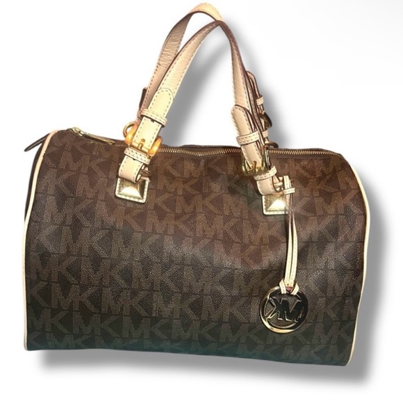 Michael Michael Kors Brown Monogram Satchel with Gold Accents - Picture 1 of 7